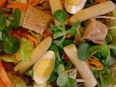 Ensalada con espárragos blancos, huevo y bonito